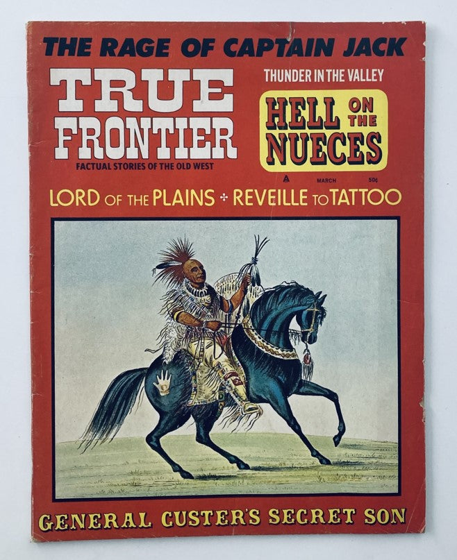 Cover of the VTG True Frontier Magazine March 1971 Vol 4 No. 2, featuring the title 'Lord of the Plains.' The cover artwork depicts a Native American warrior on horseback, adorned in traditional clothing, set against a colorful background. This vintage magazine showcases the spirit and culture of the American West.