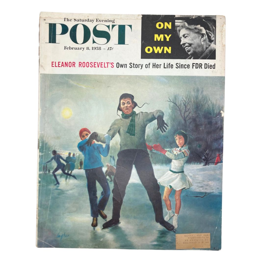 Cover of Saturday Evening Post magazine from February 8, 1958, featuring artwork by George Hughes depicting a humorous ice skating scene.