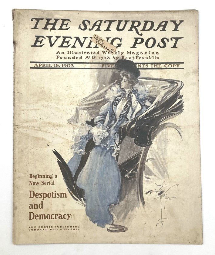 Saturday Evening Post Illustrated Cover April 18 1903 featuring a lady in a carriage, titled 'Despotism'.