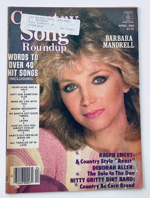 Cover of VTG Country Song Roundup Magazine, April 1985 featuring Barbara Mandrell with hit songs listed, showcasing the essence of country music in the 1980s.