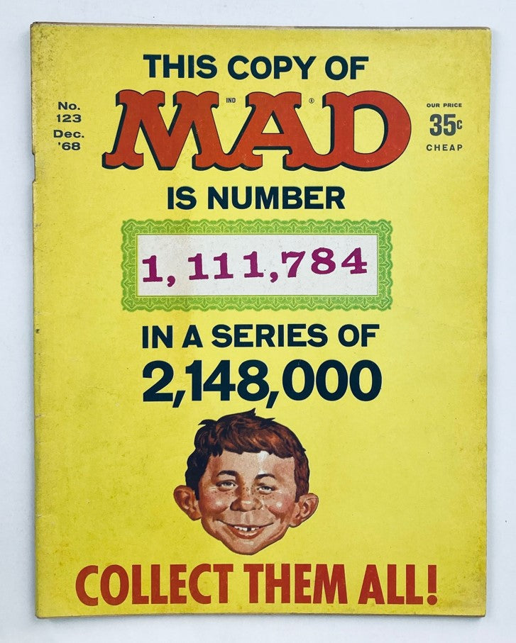 Cover of Mad Magazine December 1968 No. 123 featuring the title in bold red letters, a playful illustration of an iconic character, and information about the issue's collectible number.