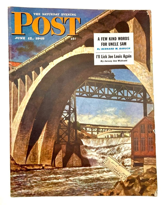 Illustrated cover of the Saturday Evening Post Magazine from June 12, 1948, featuring vibrant artwork by John Atherton, showcasing a bridge and water scene.