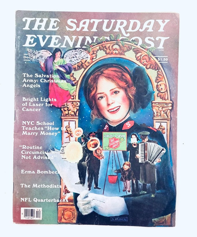 Cover of the Saturday Evening Post Magazine from December 1981 featuring the title 'Christmas Angels' by Rob Sauber, showcasing a woman in a Salvation Army uniform with artistic holiday decorations.