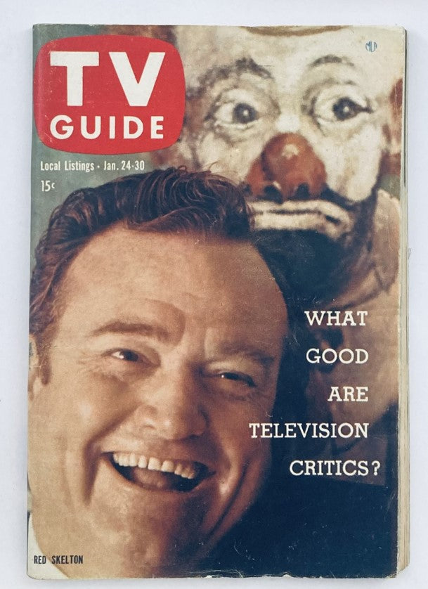 TV Guide Magazine January 24 1959 Vol 7 No. 4 featuring Red Skelton on the cover with a clown backdrop, showcasing television history and iconic personalities.