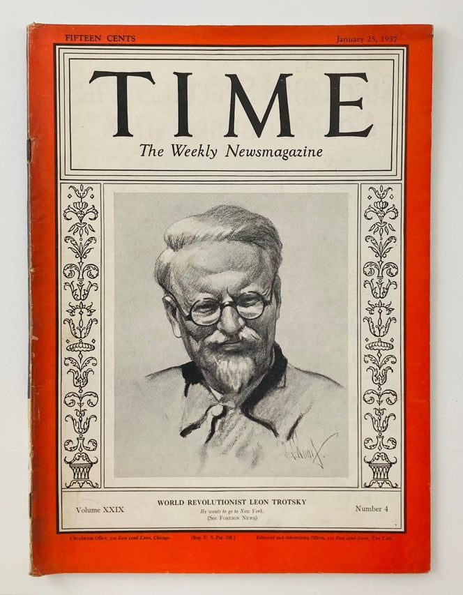 Cover of VTG Time Magazine from January 25, 1937, featuring World Revolutionist Leon Trotsky. The magazine highlights Trotsky's significance with a detailed illustration and provides insights into global events.