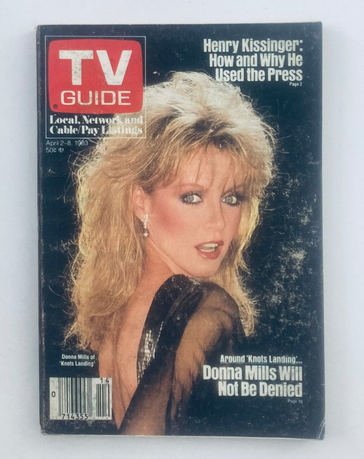 TV Guide Magazine April 2 1983 featuring Donna Mills on the cover, highlighting the Philadelphia edition. The cover includes details about the TV listings and features an article on Henry Kissinger. The magazine is in good condition and preserved for over 40 years, making it a collectible piece of television history.