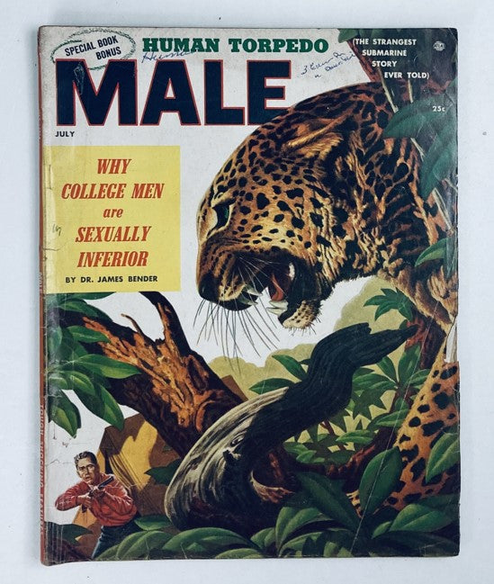 Cover of VTG Male Magazine, July issue featuring a fierce leopard illustration and a headline discussing why college men are sexually inferior.
