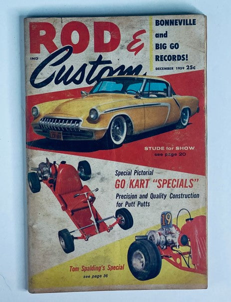 Cover of VTG Rod & Custom Magazine December 1959 featuring a vintage yellow car and go-kart design, highlighting Tom Spalding's special edition.
