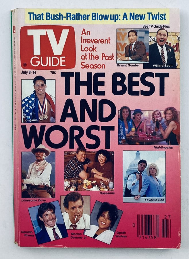 Cover of TV Guide Magazine from July 8, 1989, titled 'The Best and Worst WA-Baltimore Ed.' This vintage issue features notable personalities such as Greg Louganis, Geraldo Rivera, and Oprah Winfrey, showcasing an irreverent look at the past television season.