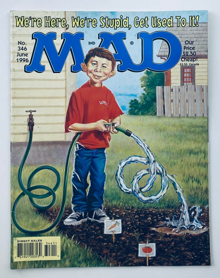 Mad Magazine June 1996 No. 346 cover featuring a child watering a garden with a hose, humorously portraying the magazine's theme 'Heirlooms of the Future'.