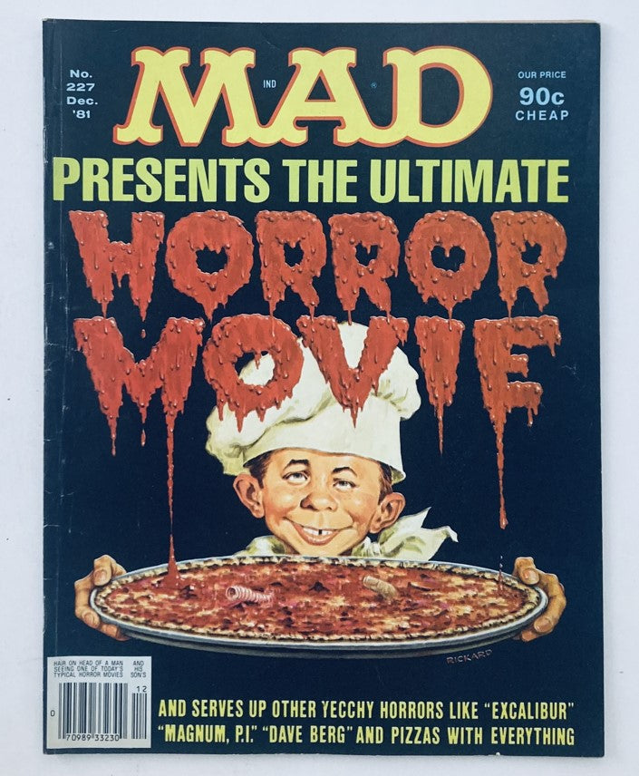 Cover of VTG Mad Magazine December 1981 No. 227 featuring the title 'Presents the Ultimate Horror Movie' with a cartoon chef and a pizza, part of the Magnumb P.U. movie parody.