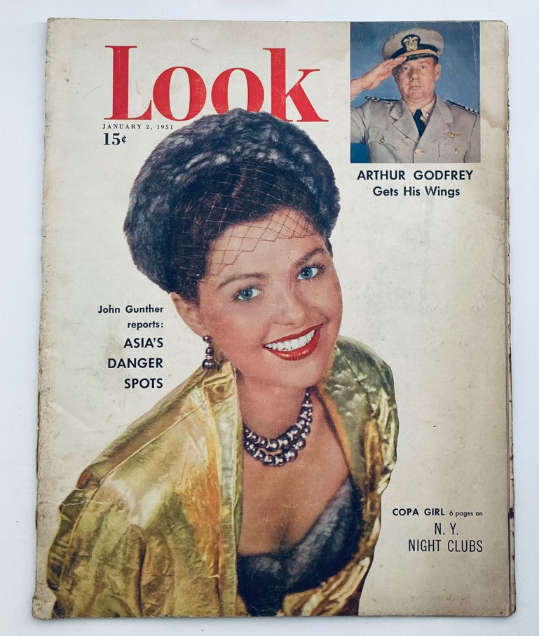 VTG Look Magazine January 2 1951 Vol 15 No. 1 featuring Arthur Godfrey and a glamorous Copa Girl on the cover, showcasing mid-century style and nostalgia.