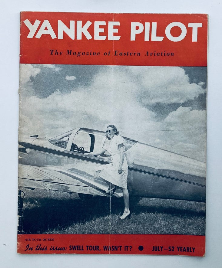 Cover of the VTG Yankee Pilot Magazine, July 1946, Volume 6, Number 6 featuring Miss Polly Plaisted, showcasing a vintage aviation theme with an airplane and retro design.
