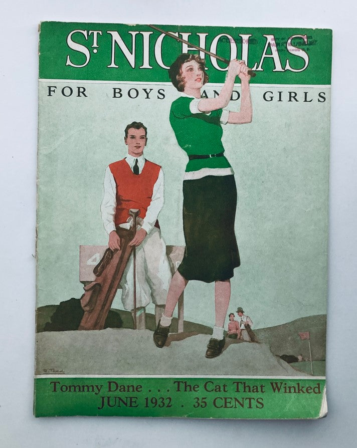 Vintage St. Nicholas Magazine cover from June 1932, Volume 59, No. 9, titled "The Cat That Winked," showcasing a colorful illustration with characters dressed in early 20th-century fashion.