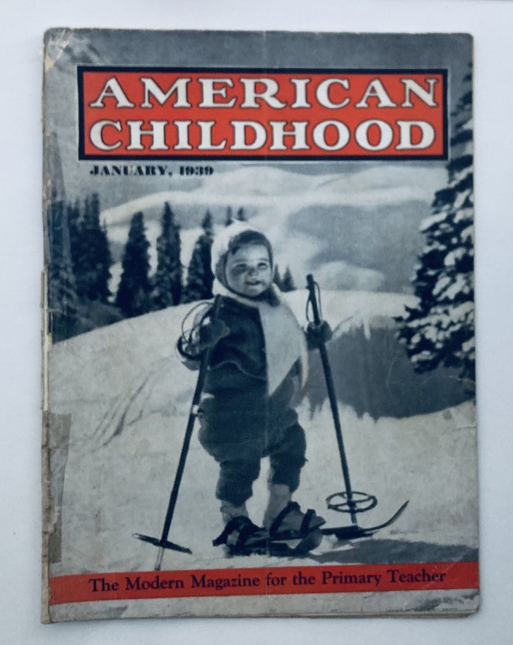 Cover of VTG American Childhood Magazine January 1939 featuring a child skiing, illustrating the adventurous spirit of childhood in the early 20th century.