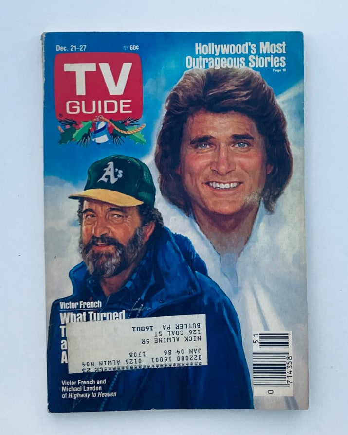 Cover of TV Guide Magazine from December 21-27, 1985 featuring Michael Landon and Victor French, highlighting Hollywood's Most Outrageous Stories.