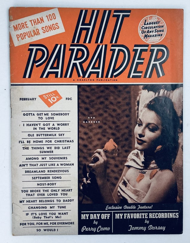 Vintage Hit Parader Magazine February 1947 featuring Ava Gardner on the cover, showcasing Hollywood glamour and iconic stars from the 1940s.
