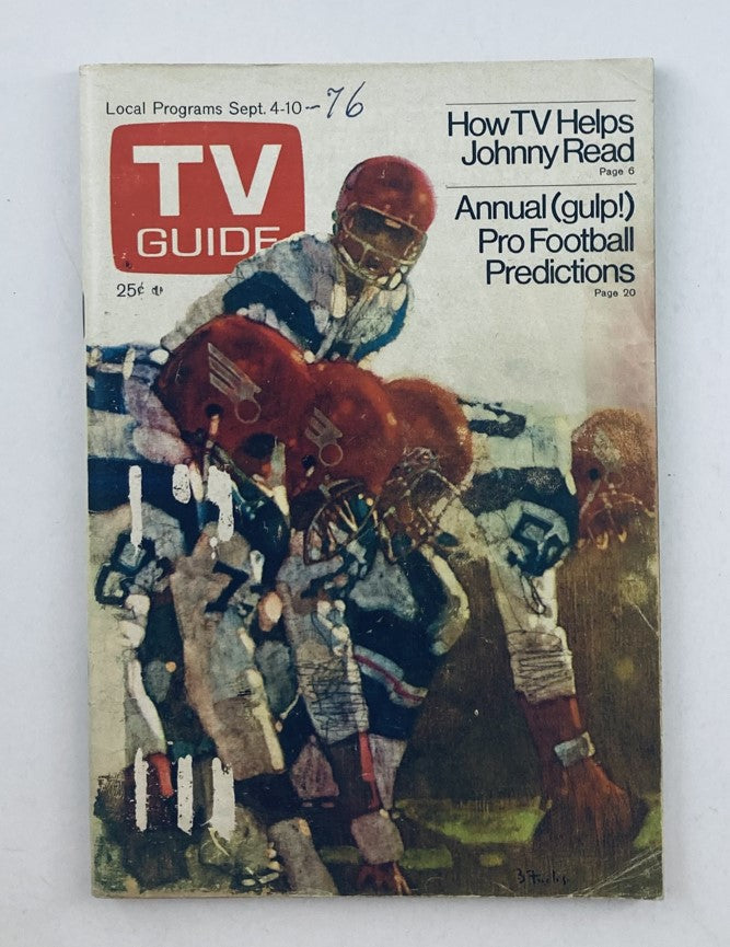TV Guide Magazine cover from September 4, 1976, showcasing annual pro football predictions with a vintage illustration of football players in action, titled 'TV Guide Magazine September 4 1976 #1223 Football Prediction WA-Baltimore Ed.'