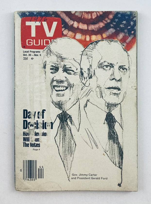 TV Guide Magazine October 30 1976 #1231 featuring illustrations of Jimmy Carter and Gerald Ford on the cover, discussing the upcoming election and television's role in the voting process. A historic collectible item in pristine condition.