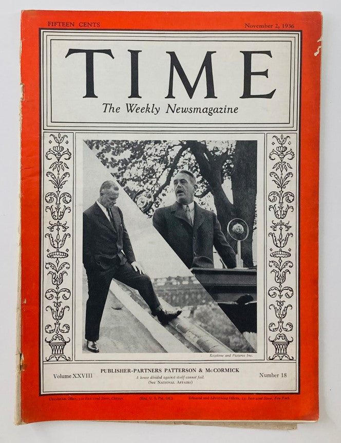 Vintage Time Magazine cover from November 2, 1936 featuring Joseph M. Patterson and Robert R. McCormick, showcasing historical significance of the era.