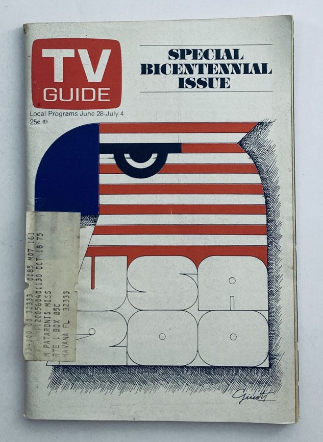 Cover of TV Guide Magazine June 28, 1975 Bicentennial Issue featuring bold graphic design and text indicating it is a special bicentennial issue with emphasis on USA 200.