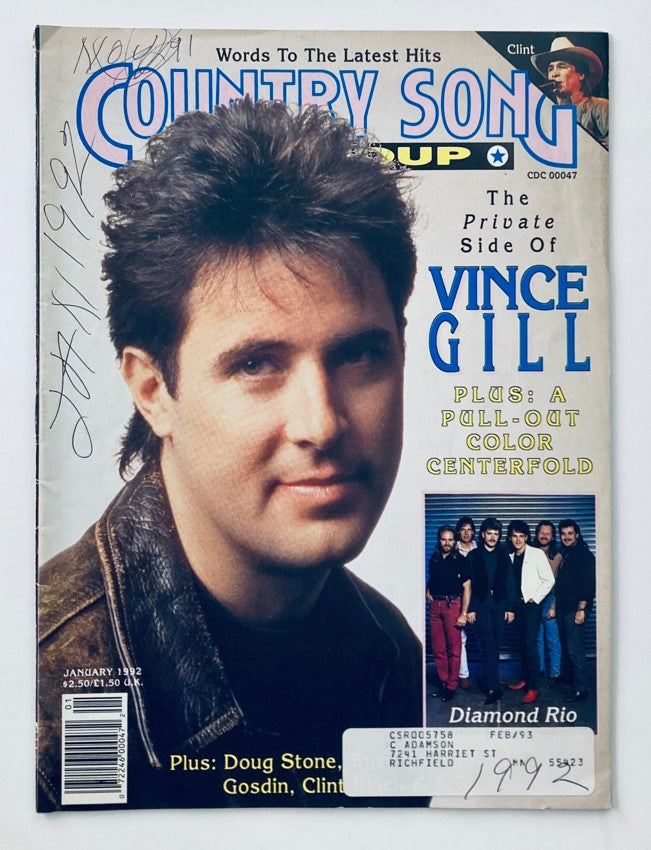 Cover of Country Song Roundup Magazine from January 1992 featuring Vince Gill and Diamond Rio, highlighting the private side of Vince Gill with a pull-out color centerfold.