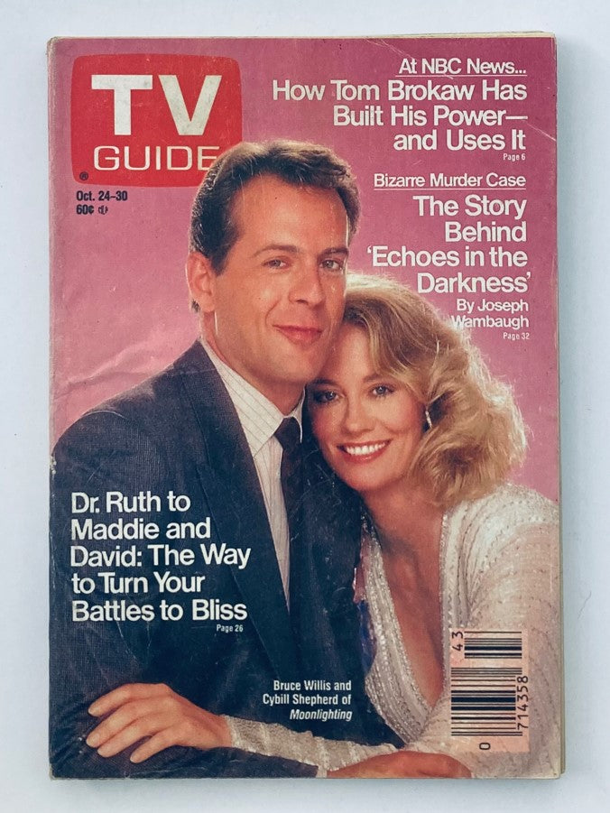 TV Guide Magazine cover from October 24, 1987 featuring Bruce Willis and Cybill Shepherd, highlighting their roles in Moonlighting. Includes article teasers and TV listings.