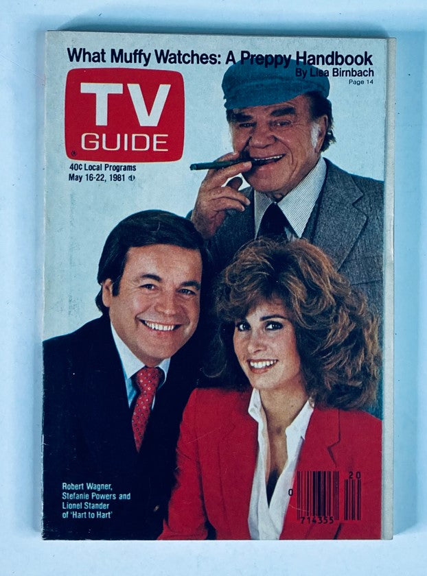 Cover of TV Guide Magazine May 16 1981 featuring Robert Wagner, Stefanie Powers, and Lionel Stander from 'Hart to Hart', showcasing classic television culture.