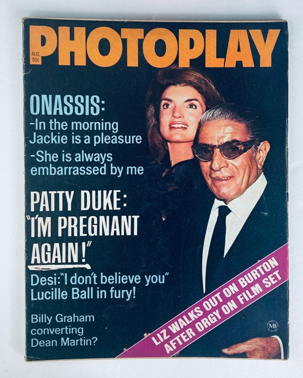 Cover of VTG Photoplay Magazine August 1971, Volume 80 No. 2 featuring Jackie Kennedy and Aristotle Onassis, showcasing celebrity headlines and intriguing articles from the 70s.