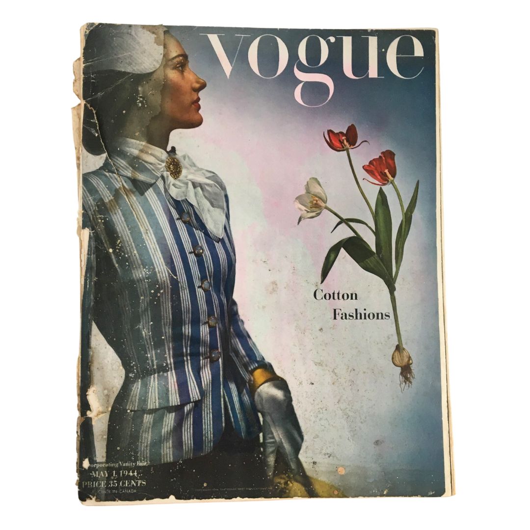 Vintage Vogue Magazine May 1 1944 cover featuring a model in a striped cotton fashion outfit with tulips, showcasing mid-20th century fashion.