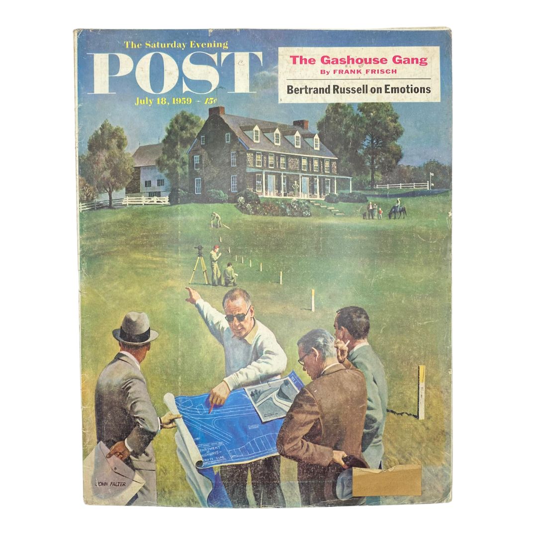Cover of the Saturday Evening Post Magazine from July 18, 1959, featuring artwork by John Falter and depicting a lively scene of American civilization.
