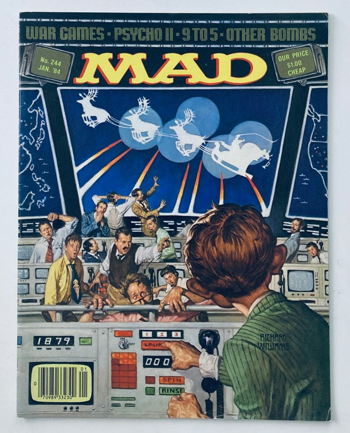 Cover of Mad Magazine January 1984 No. 244 featuring the title 'Mad', with artwork depicting chaos related to the cover story 'War Games' and 'Psycho II'.