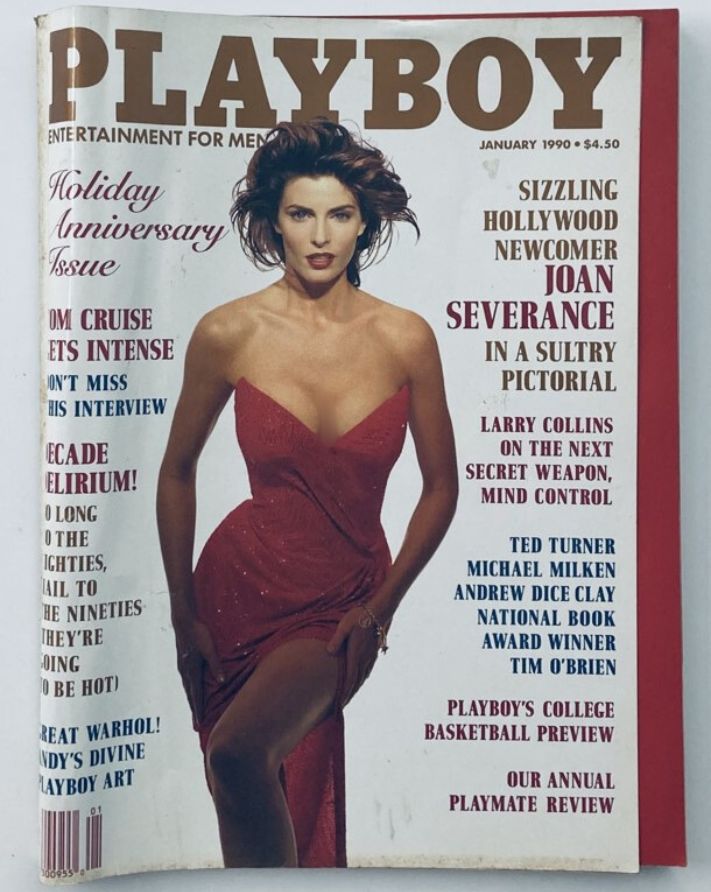 Playboy Magazine January 1990 cover featuring stunning model Joan Severance, showcasing the Holiday Anniversary issue with eye-catching red dress and bold headlines.
