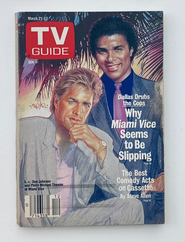 TV Guide Magazine cover from March 21, 1987 featuring Don Johnson and Philip Thomas, highlighting the iconic show Miami Vice with a colorful design.