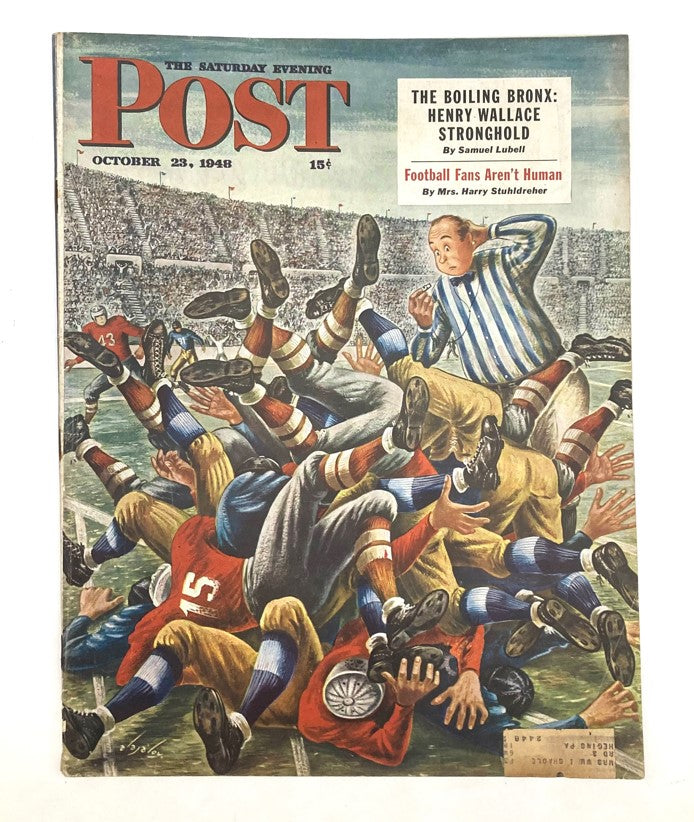 Cover of Saturday Evening Post Magazine dated October 23, 1948, featuring an illustration by Alajalov depicting a football scene with players amidst a chaotic play.