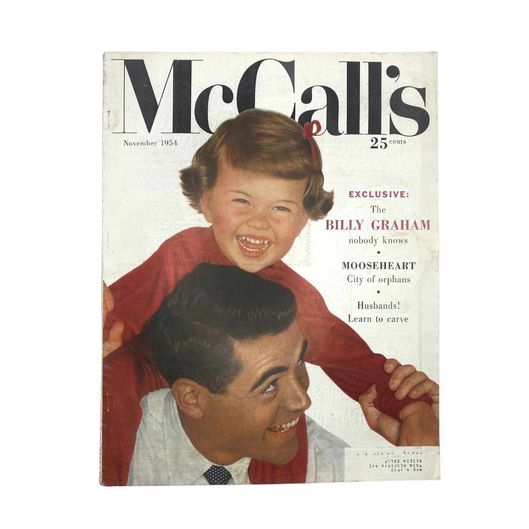 Cover of VTG McCall's Magazine November 1954 featuring a smiling girl and a man, with the title "The Billy Graham Nobody Knows" highlighted in red text.