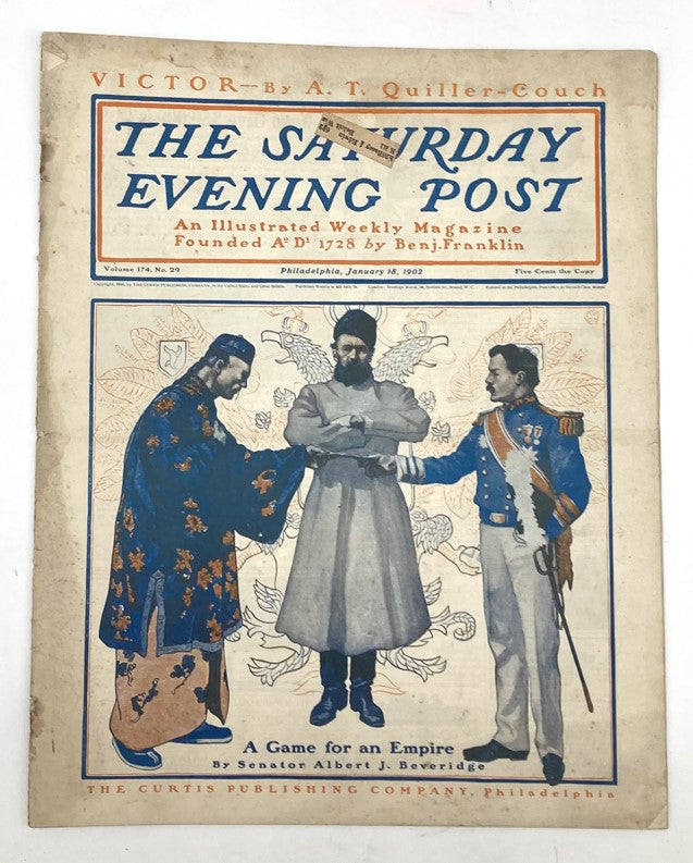 Cover of Saturday Evening Post Magazine from January 18, 1902, featuring the article 'Game for an Empire' with an artistic illustration depicting historical figures.