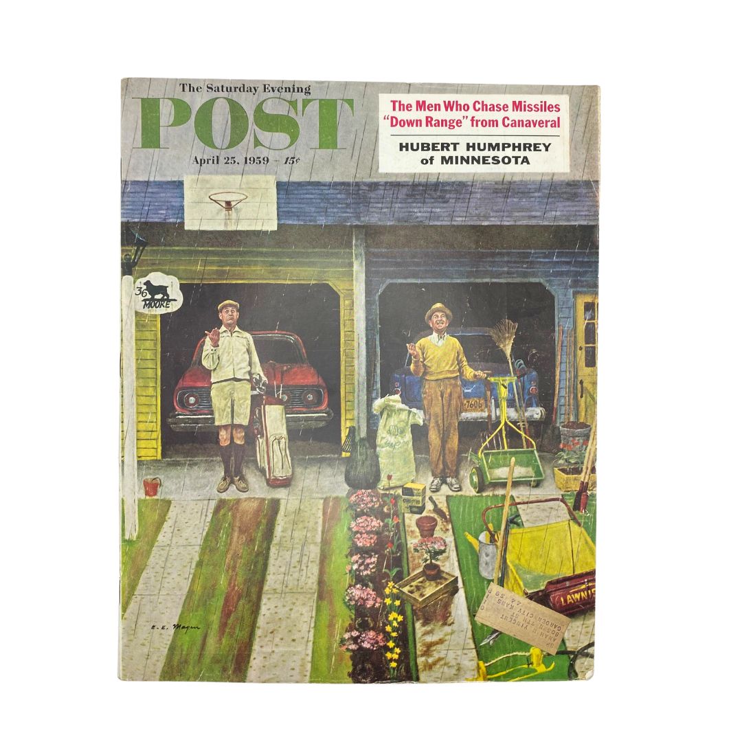 Cover of Saturday Evening Post Magazine April 25 1959 featuring vibrant artwork by E. E. Mayan, showcasing two men with gardening and golfing equipment in front of iconic mid-20th century homes.
