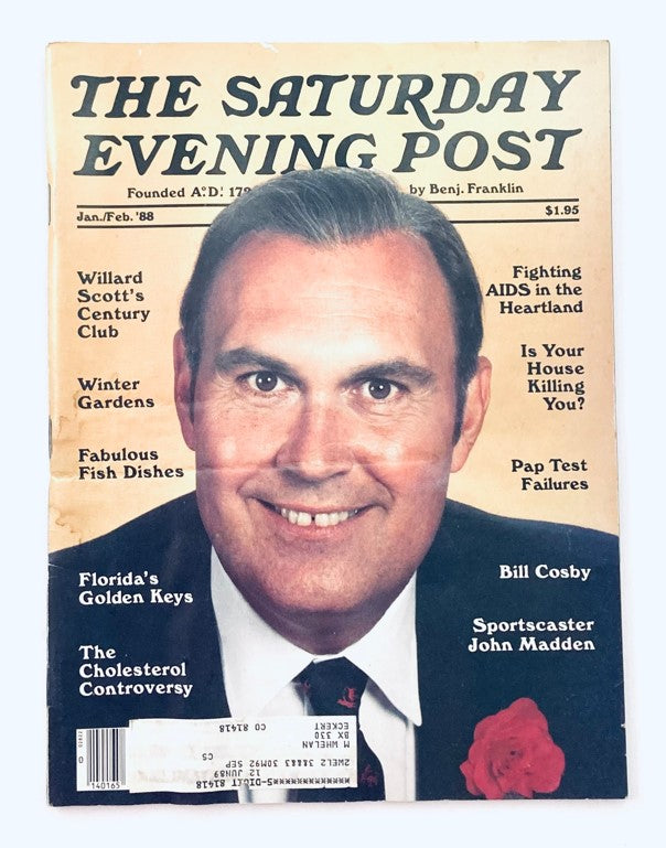 Cover of the Saturday Evening Post, January 1988, featuring sportscaster John Madden, with additional topics including Florida's Golden Keys and Bill Cosby. This vintage magazine showcases a nostalgic design and carries the price of $1.95.