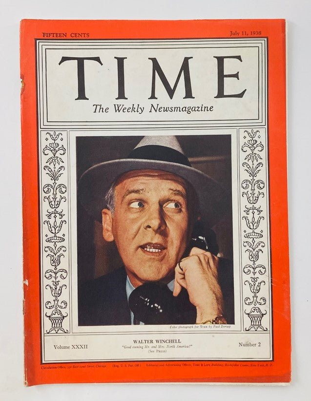 VTG Time Magazine July 11 1938 featuring a portrait of journalist Walter Winchell on the cover, capturing the essence of print journalism in the late 1930s.