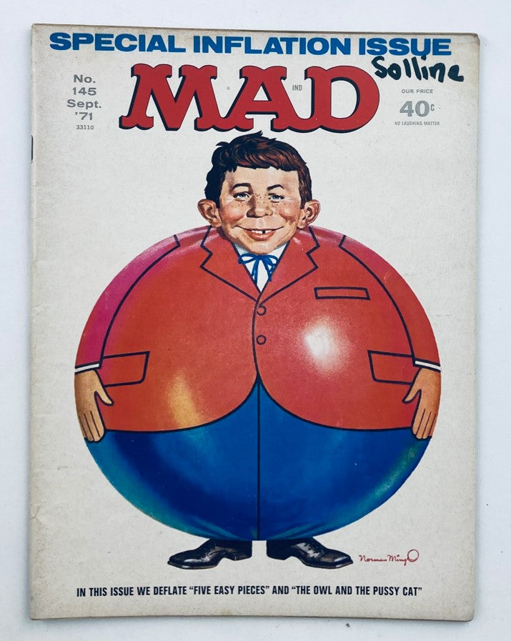 Cover of Mad Magazine September 1971 No. 145 with whimsical artwork featuring a character in a suit and exaggerated physique, highlighting the 'Special Inflation Issue' theme, ideal for collectors of vintage humor magazines.