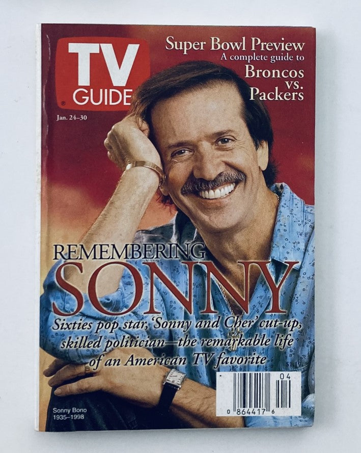 Cover of TV Guide Magazine January 24, 1998 featuring Sonny Bono, with the headline 'Remembering Sonny', showcasing a nostalgic look at pop culture and television of the late 90s.