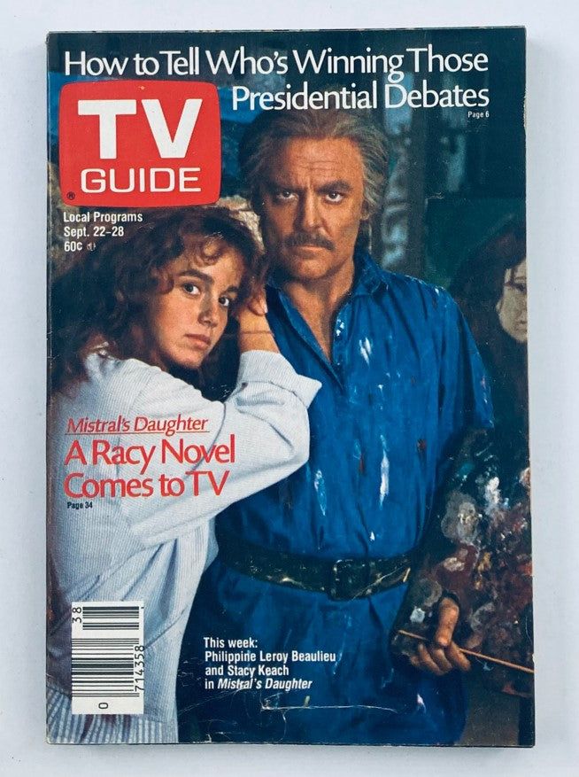 Cover of TV Guide Magazine dated September 22, 1984 featuring 'Mistral's Daughter,' showcasing a dramatic image of two characters. The magazine highlights the TV adaptation of the novel and includes content about presidential debates.