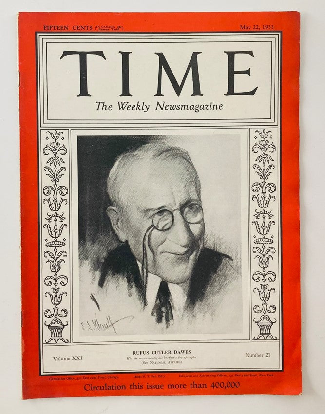 VTG Time Magazine May 22 1933 showcasing Volume 21, Issue 21 featuring a portrait cover of businessman Rufus Cutler Dawes, a historical representation of 1930s American business.