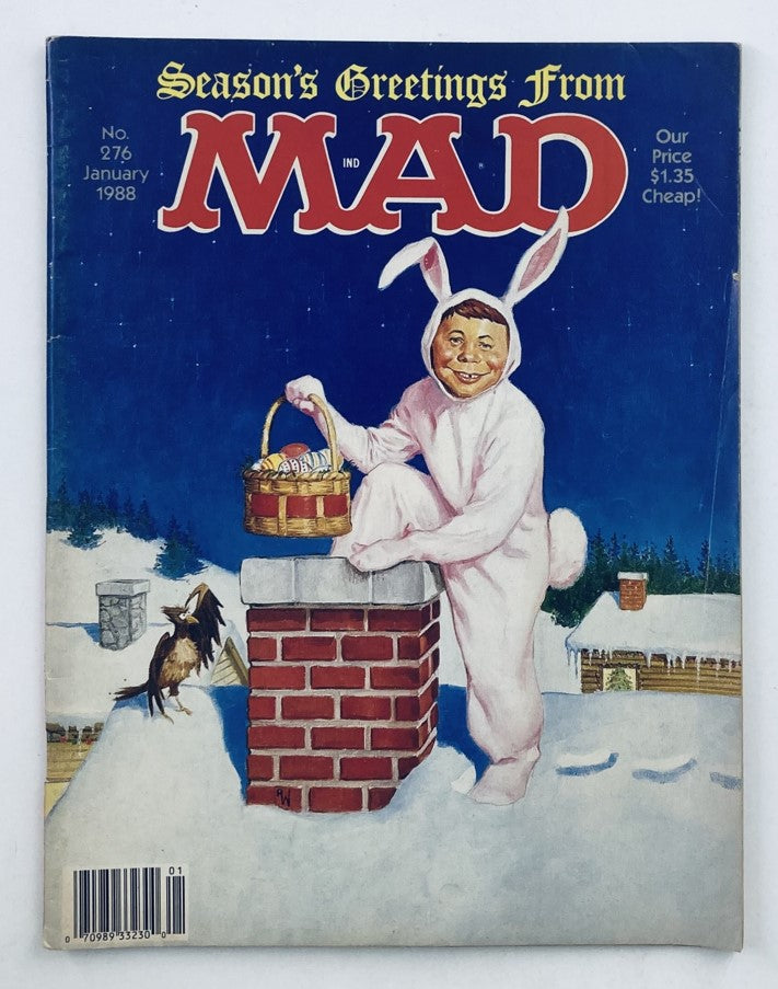 Cover of Mad Magazine January 1988 No. 276, featuring a whimsical illustration of a character dressed as a bunny, holding a basket of eggs, set against a snowy background with the title 'Season's Greetings From MAD'. This vintage magazine is part of the comedic legacy of Mad Magazine.
