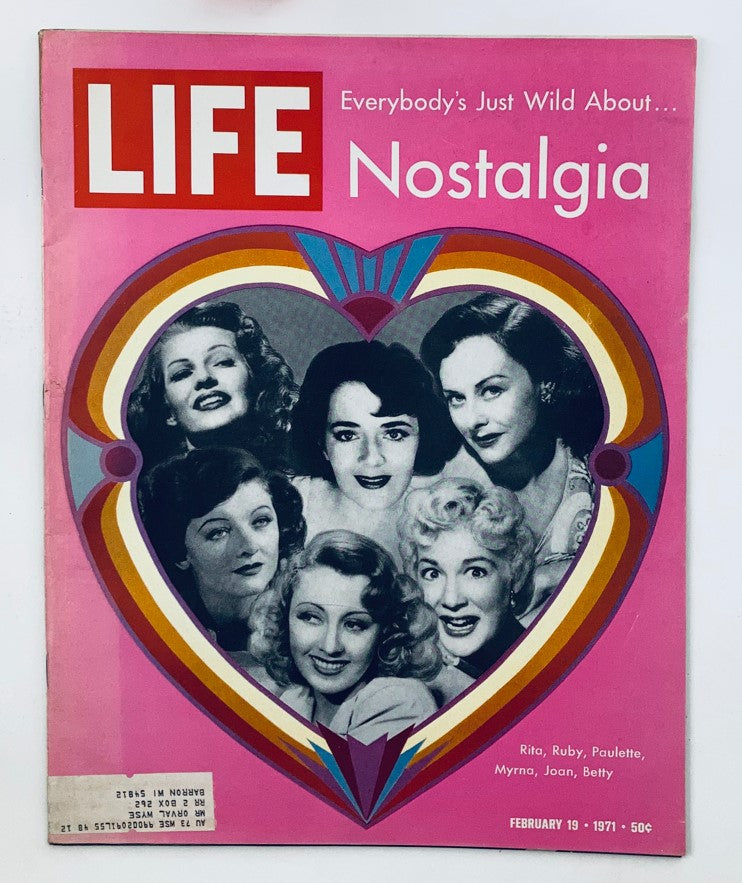 VTG Life Magazine February 19, 1971, showcasing classic Hollywood glamour with a heart-themed cover featuring iconic actresses Rita, Ruby, Paulette, Myrna, Joan, and Betty.