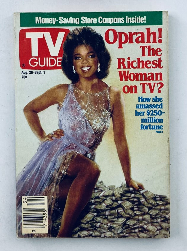 TV Guide Magazine cover from August 26, 1989 featuring Oprah Winfrey, highlighting her status as the richest woman on TV and her $250 million fortune.