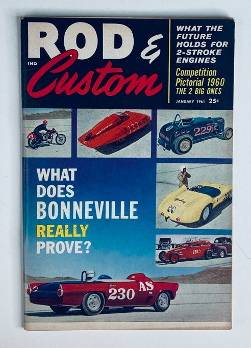 Cover of VTG Rod & Custom Magazine January 1961 featuring 'Pedro & The Tandem Turtle', showcasing motorsport vehicles and the question 'What Does Bonneville Really Prove?'. This vintage magazine is perfect for collectors of automotive history.