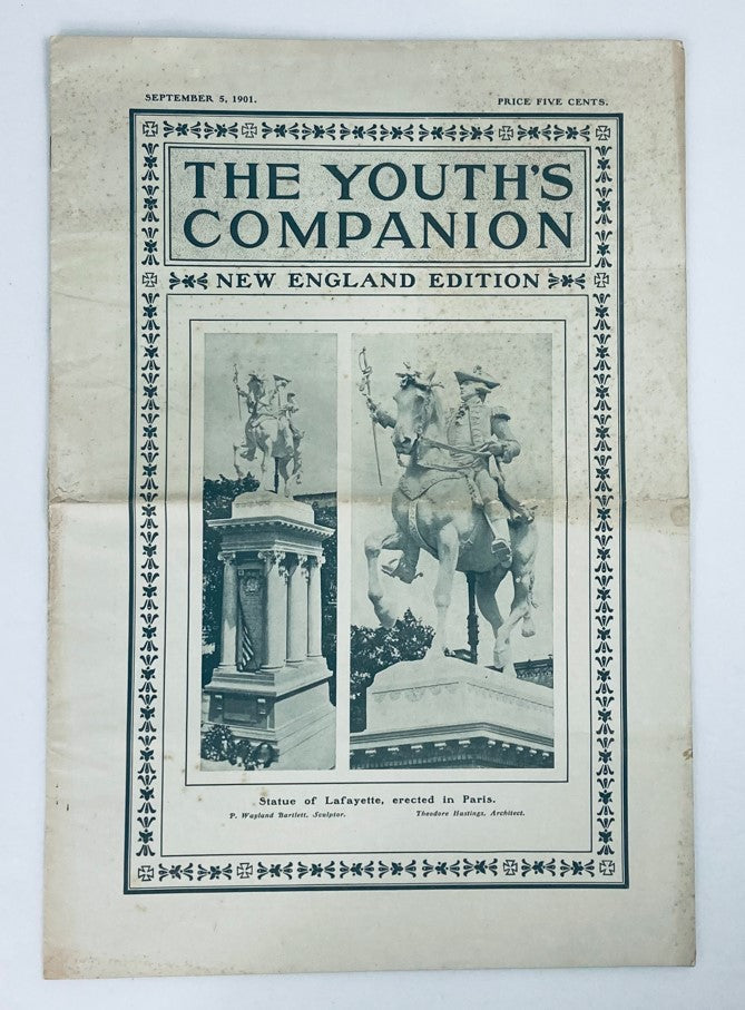 Cover of VTG The Youth's Companion Magazine from September 5, 1901, featuring the Statue of Lafayette, New England Edition.