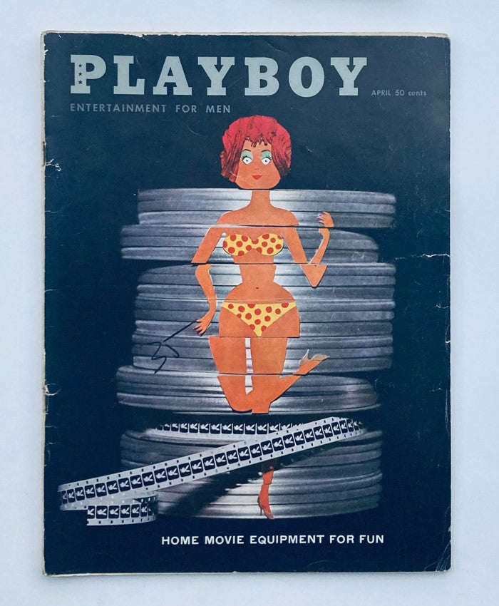 VTG Playboy Magazine April 1960 featuring a colorful retro cover with a pin-up girl in a polka dot bikini, showcasing themes of home movie equipment for fun.